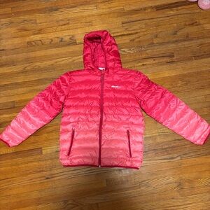 Kids Eddie Bauer hooded down reversible puffer jacket.